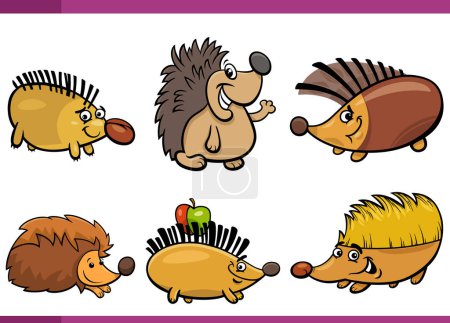 Téléchargez les illustrations : Cartoon illustration of happy hedgehogs comic animal characters set - en licence libre de droit