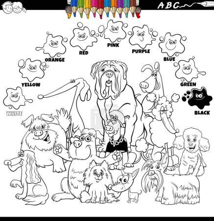 Illustration for Black and white educational cartoon illustration of basic colors with dogs characters group coloring page - Royalty Free Image