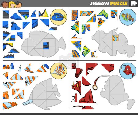 Cartoon illustration of educational jigsaw puzzle games set with funny fish marine animal characters