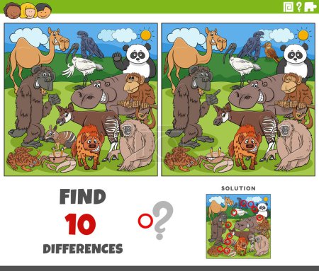 Illustration de bande dessinée de trouver les différences entre les images jeu éducatif avec des personnages d'animaux sauvages comiques