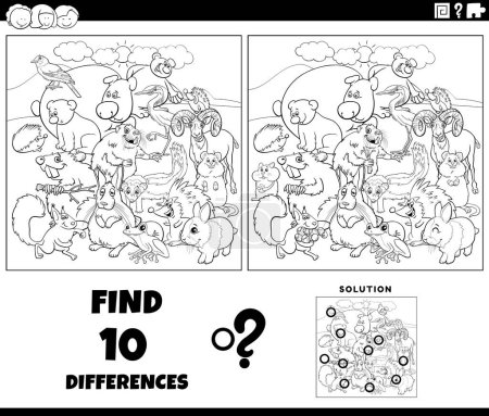 Illustration for Black and white cartoon illustration of finding the differences between pictures educational game with comic animal characters coloring page - Royalty Free Image