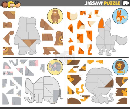 Illustration for Cartoon illustration of educational jigsaw puzzle games set with funny wild animals characters - Royalty Free Image