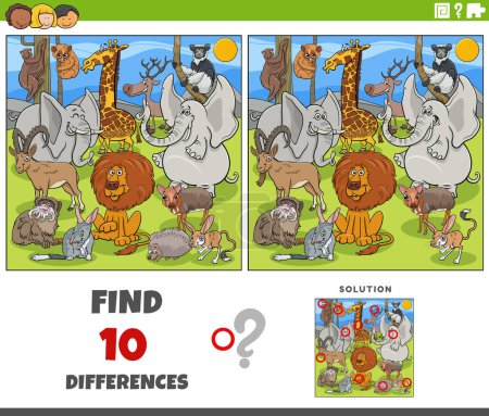 Illustration for Cartoon illustration of finding the differences between pictures educational game with comic wild animal characters - Royalty Free Image