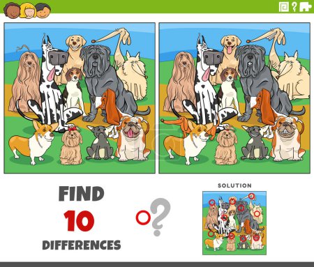 Illustration for Cartoon illustration of finding the differences between pictures educational game with purebred dogs animal characters - Royalty Free Image