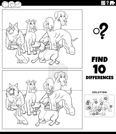 Illustration for Black and white cartoon illustration of finding the differences between pictures educational task with purebred dogs animal characters coloring page - Royalty Free Image
