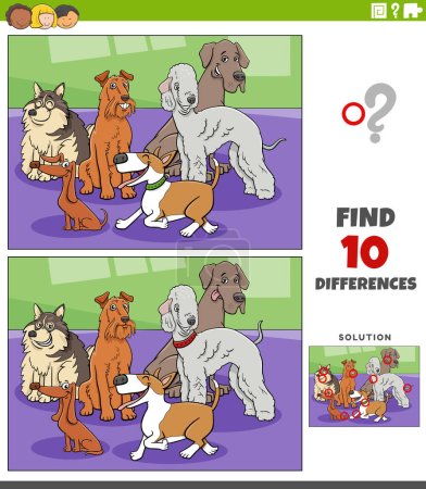 Cartoon illustration of finding the differences between pictures educational task with purebred dogs animal characters