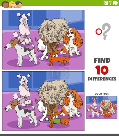 Cartoon illustration of finding the differences between pictures educational game with purebred dogs animal characters