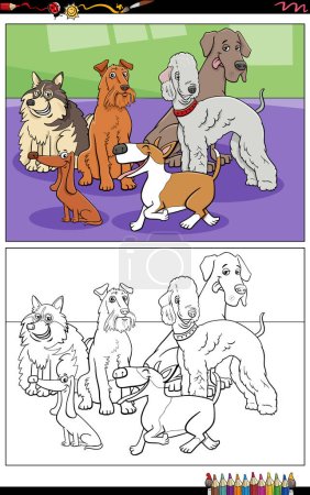 Téléchargez les illustrations : Illustrations de dessins animés de chiens de race drôle coloriage de groupe de caractères animaux - en licence libre de droit