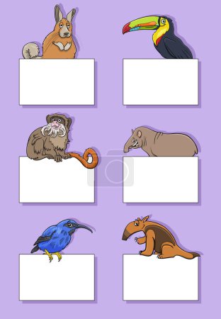 Téléchargez les illustrations : Illustration de dessins animés d'animaux drôles avec des cartes vierges ou des bannières - en licence libre de droit