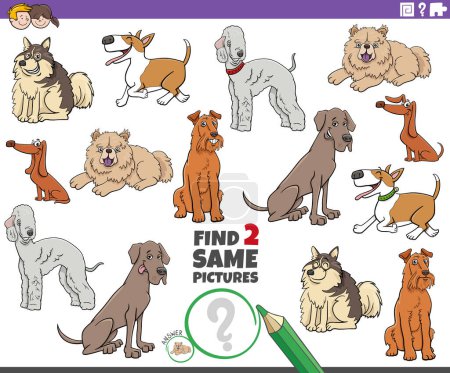 Illustration for Cartoon illustration of finding two same pictures educational game with comic purebred dogs characters - Royalty Free Image