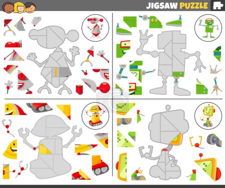 Illustration for Cartoon illustration of educational jigsaw puzzle games set with funny robots characters - Royalty Free Image
