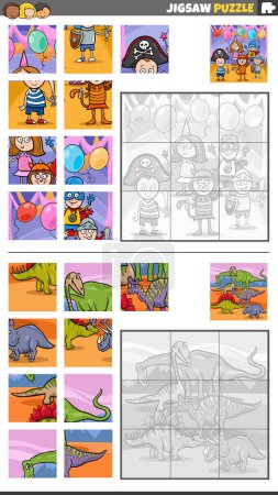 Illustration for Cartoon illustration of educational jigsaw puzzle games set with children and dinosaurs - Royalty Free Image