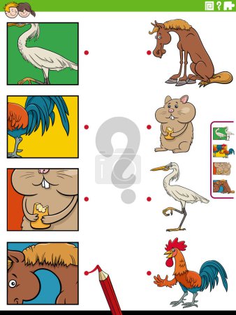 Illustration for Cartoon illustration of educational matching game with animal characters and pictures clippings - Royalty Free Image