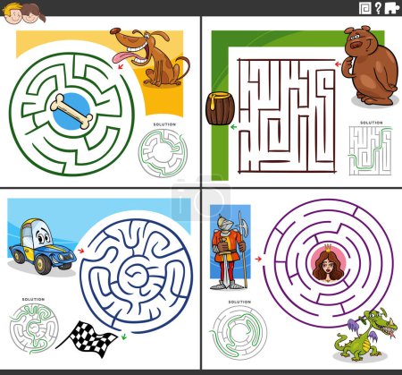 Illustration de dessins animés de jeux de puzzle labyrinthe éducatif avec des personnages comiques