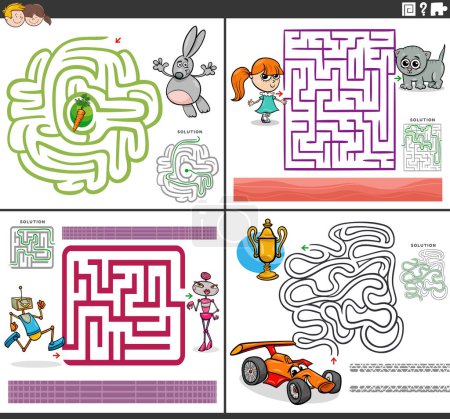 Téléchargez les illustrations : Illustration de dessins animés de jeux de puzzle labyrinthe éducatif avec des personnages comiques - en licence libre de droit
