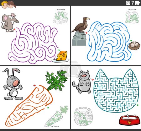 Cartoon illustration of educational maze puzzle games set with comic animal characters