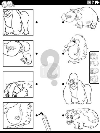 Illustration for Black and white cartoon illustration of educational matching game with wild animal characters and pictures clippings coloring page - Royalty Free Image