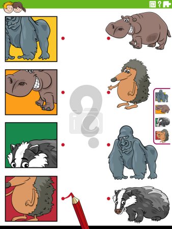 Illustration for Cartoon illustration of educational matching game with wild animal characters and pictures clippings - Royalty Free Image