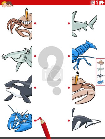 Ilustración de Dibujos animados ilustración del juego educativo de emparejar mitades de imágenes con divertidos animales marinos personajes - Imagen libre de derechos