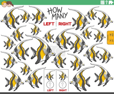Ilustración de Ilustración de dibujos animados del juego educativo de contar imágenes orientadas a la izquierda y a la derecha de un personaje animal marino de peces - Imagen libre de derechos