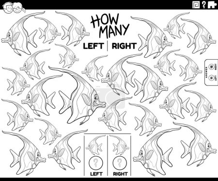 Ilustración de Dibujos animados en blanco y negro ilustración del juego educativo de contar imágenes orientadas a la izquierda y la derecha de un pez animal marino para colorear página - Imagen libre de derechos