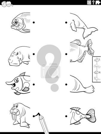 Ilustración de Dibujos animados en blanco y negro ilustración del juego educativo de emparejar mitades de imágenes con animales marinos personajes para colorear página - Imagen libre de derechos