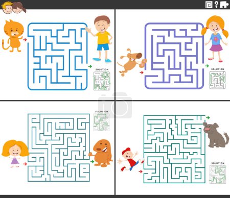 Cartoon illustration of educational maze puzzle games set with children ant their pets