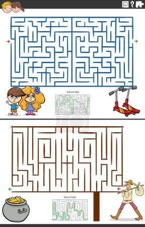 Cartoon illustration of educational maze puzzle games set with funny characters