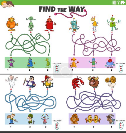 Illustration for Cartoon illustration of find the way maze puzzle games set with funny comic characters - Royalty Free Image