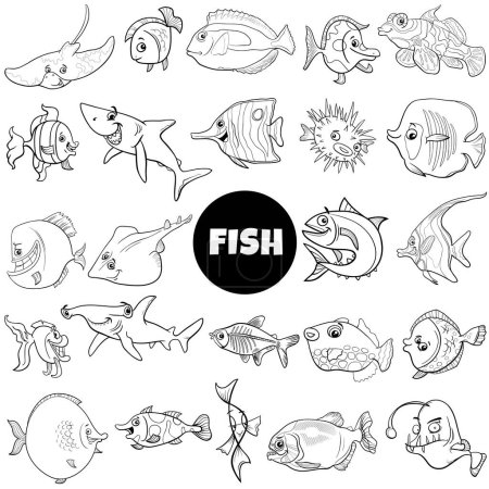 Ilustración de Dibujos animados ilustración de peces animales marinos personajes gran conjunto para colorear página - Imagen libre de derechos