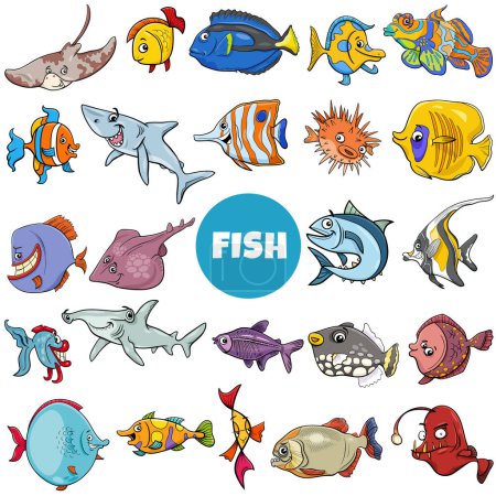Illustration for Cartoon illustration of fish marine animal characters big set - Royalty Free Image