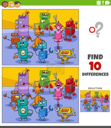 Illustration for Cartoon illustration of finding the differences between pictures educational game with robots characters group - Royalty Free Image
