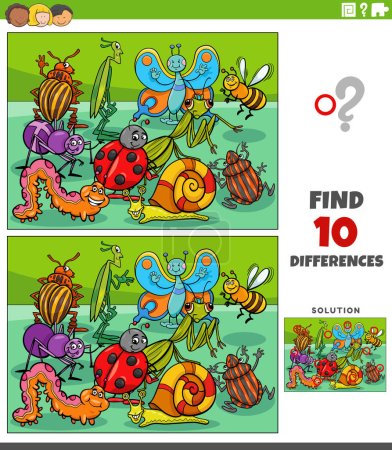 Cartoon illustration of finding the differences between pictures educational game with insects comic animal characters group