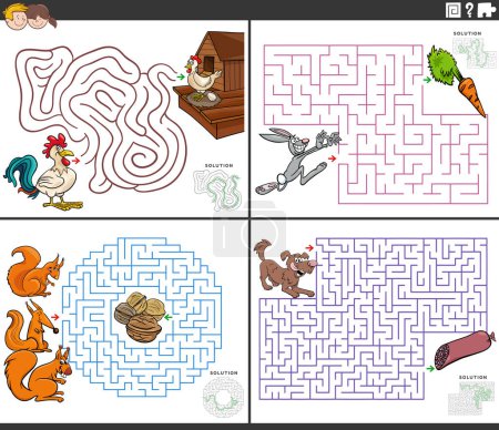 Cartoon illustration of educational maze puzzle activities set with animal characters