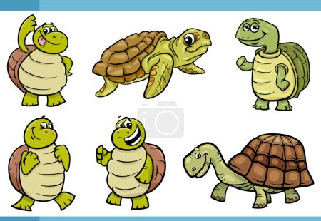 Téléchargez les illustrations : Illustration de dessins animés de drôles de tortues reptiles bande dessinée animaux personnages ensemble - en licence libre de droit