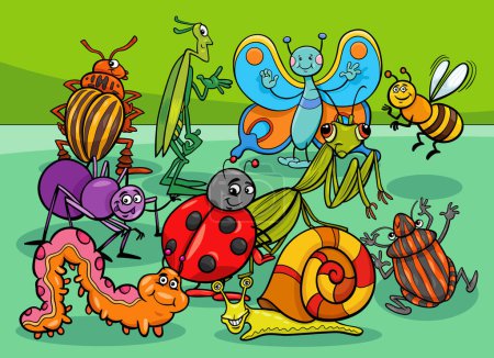 Cartoon illustration of insects and snail animal characters group
