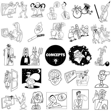 Ilustración de Ilustración en blanco y negro conjunto de conceptos de dibujos animados humorísticos o metáforas e ideas con personajes cómicos - Imagen libre de derechos