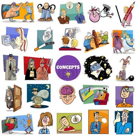 Ilustración de Ilustración gran conjunto de conceptos de dibujos animados humorísticos o metáforas e ideas con personajes cómicos - Imagen libre de derechos