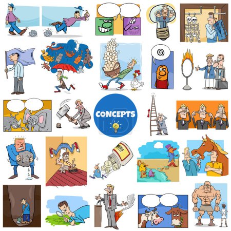 Ilustración de Ilustración gran conjunto de conceptos de dibujos animados humorísticos o metáforas e ideas con personajes cómicos - Imagen libre de derechos