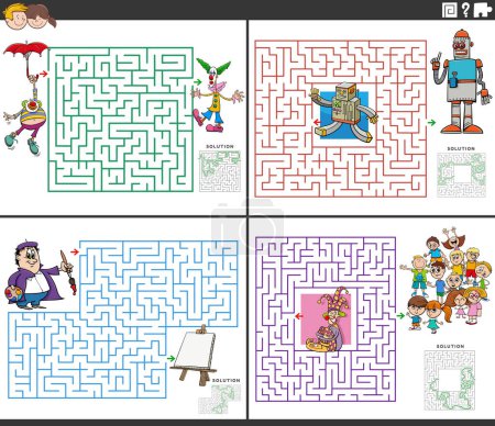 Cartoon illustration of educational maze puzzle activities set with comic characters