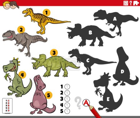 Illustration for Cartoon illustration of finding the right shadows to the pictures educational game with funny prehistoric dinosaur characters - Royalty Free Image