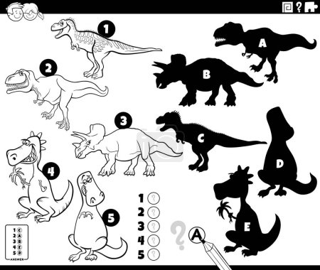 Illustration for Black and white cartoon illustration of finding the right shadows to the pictures educational game for children with funny prehistoric dinosaur characters coloring page - Royalty Free Image