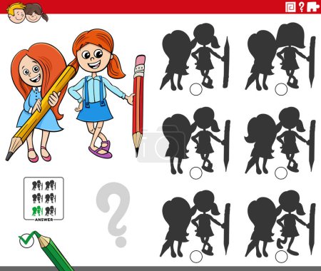 Téléchargez les illustrations : Illustration de bande dessinée de trouver l'ombre sans différences jeu éducatif avec deux filles et crayons - en licence libre de droit