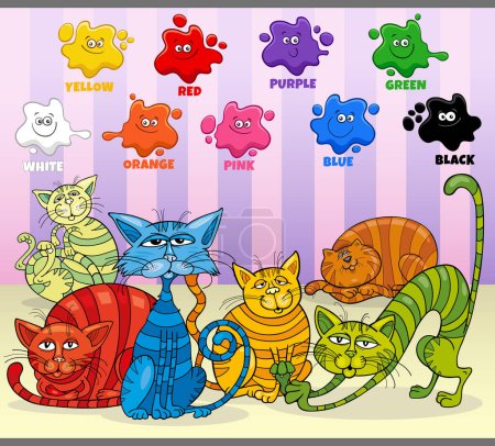 Illustration for Educational cartoon illustration of basic colors with colorful cats animal characters group - Royalty Free Image