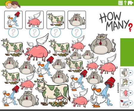 Téléchargez les illustrations : Illustration de bande dessinée de jeu de comptage éducatif avec des personnages d'animaux et des dictons - en licence libre de droit