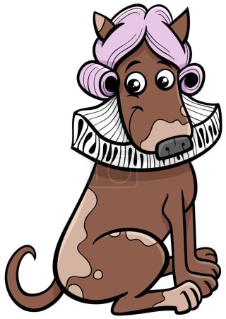 Illustration for Cartoon illustration of funny sitting brown dog or puppy comic animal character in a wig and with a ruff collar - Royalty Free Image