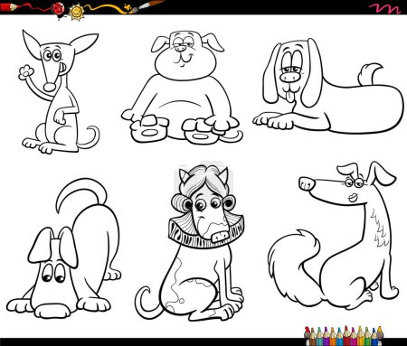 Illustration for Black and white cartoon illustration of funny dogs comic animal characters set coloring page - Royalty Free Image