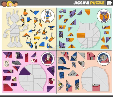 Téléchargez les illustrations : Cartoon illustration of educational jigsaw puzzle games set with fantasy characters - en licence libre de droit