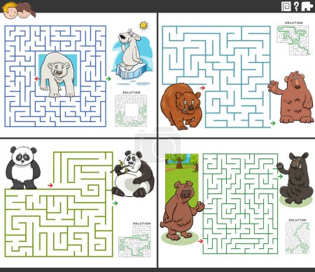 Dibujos animados ilustración de actividades de rompecabezas laberinto educativo con personajes osos animales salvajes