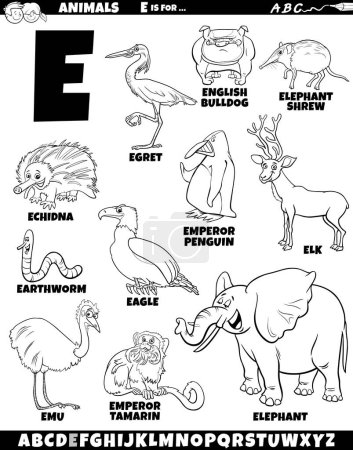 Téléchargez les illustrations : Illustration de bande dessinée de caractères animaux pour la lettre E coloriage - en licence libre de droit